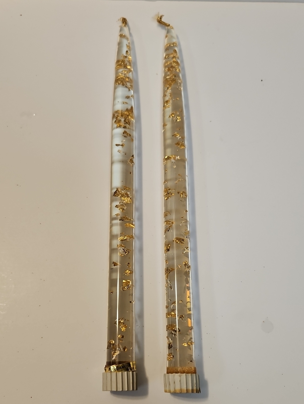 MCM LUCITE CLEAR WITH GOLD FLEX, 12 INCH CANDLESTICKS.